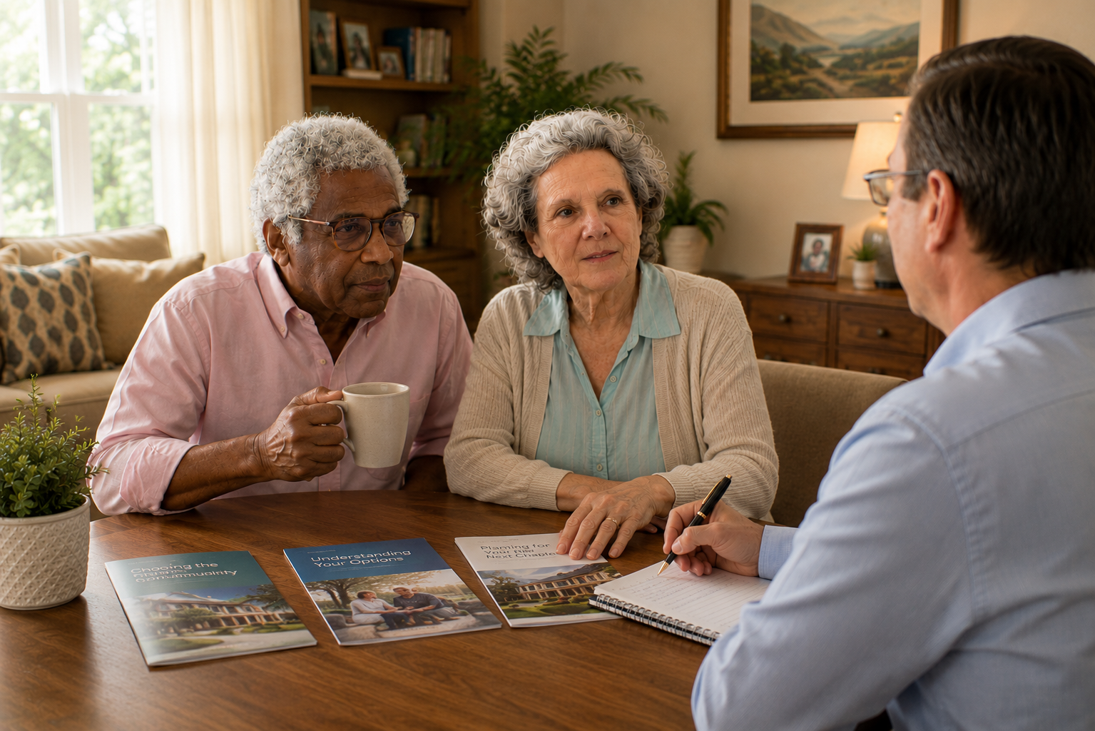 A senior couple meeting with a placement advisor to review care options